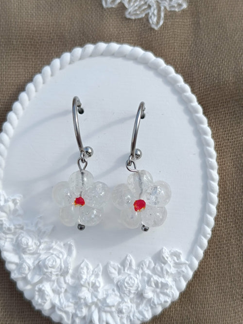 Boucle d'Oreille Fleur Transparente 3,5 cm – Pièce Unique