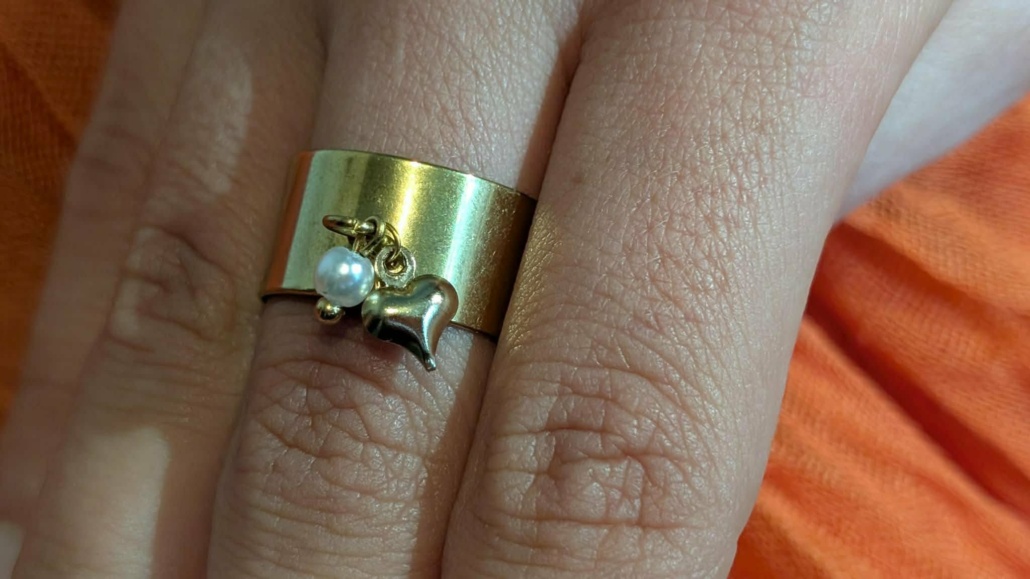 Bague Perle & Cœur Doré – Réglable | Acier Inoxydable
