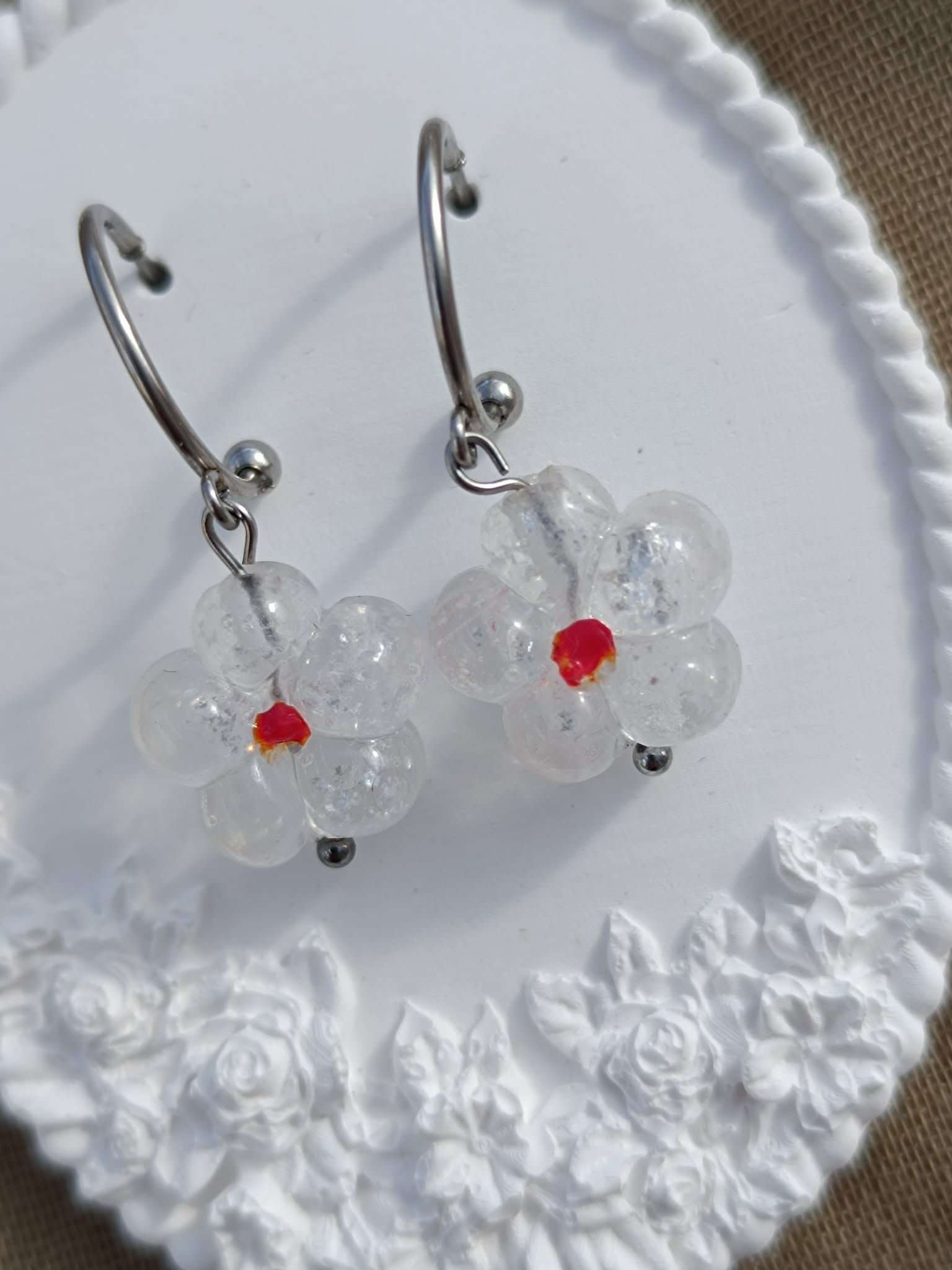 Boucle d'Oreille Fleur Transparente 3,5 cm – Pièce Unique