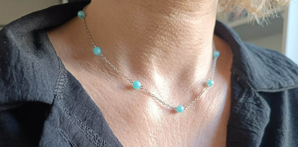 Collier Perles Bleu Clair - Chaîne Acier Inoxydable Délicate