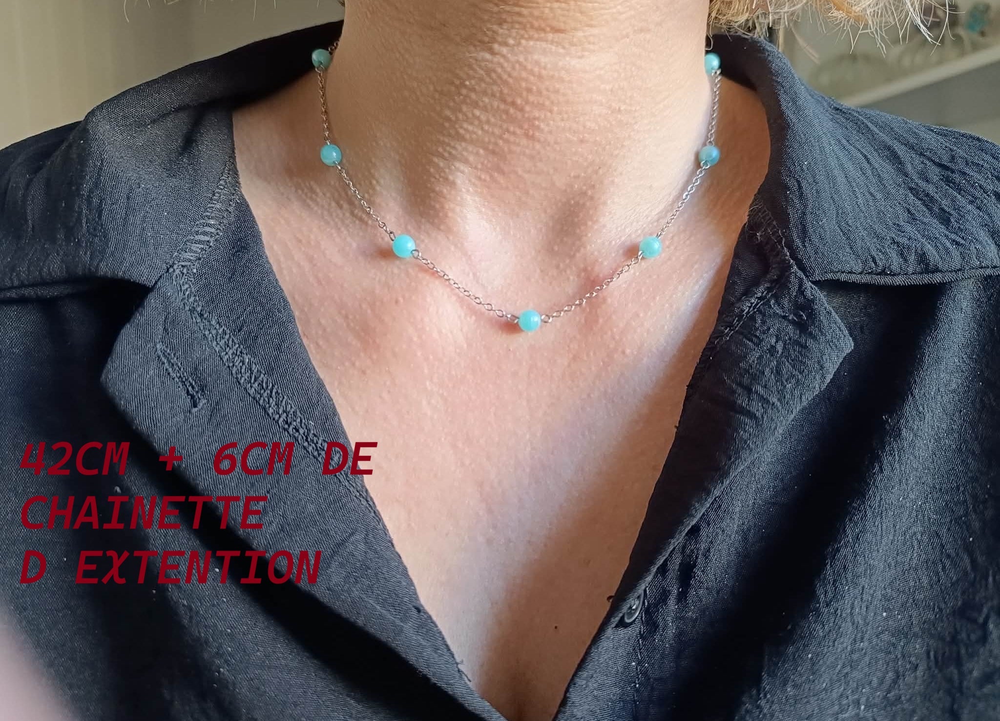 Collier Perles Bleu Clair - Chaîne Acier Inoxydable Délicate