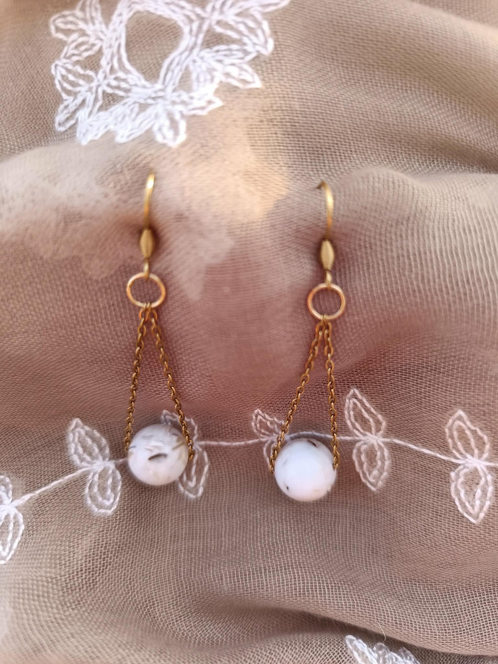 Boucles d'oreilles Perle Blanche Effet Marbre – Tige 6 cm