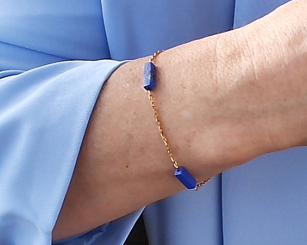 Bracelet Perle Rectangulaire Doré - Perles Bleues