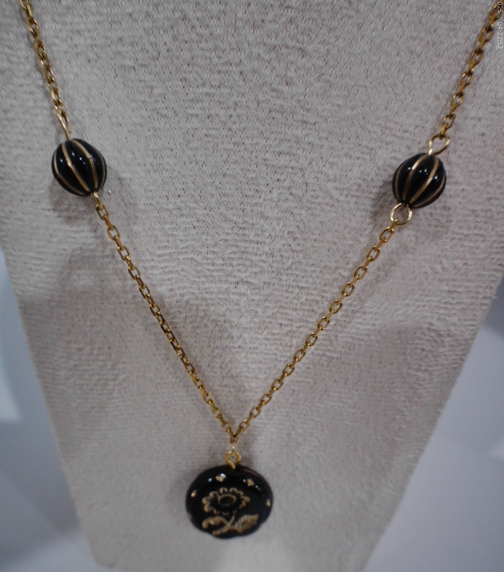 Collier long perles noires dorées - Pièce unique élégante