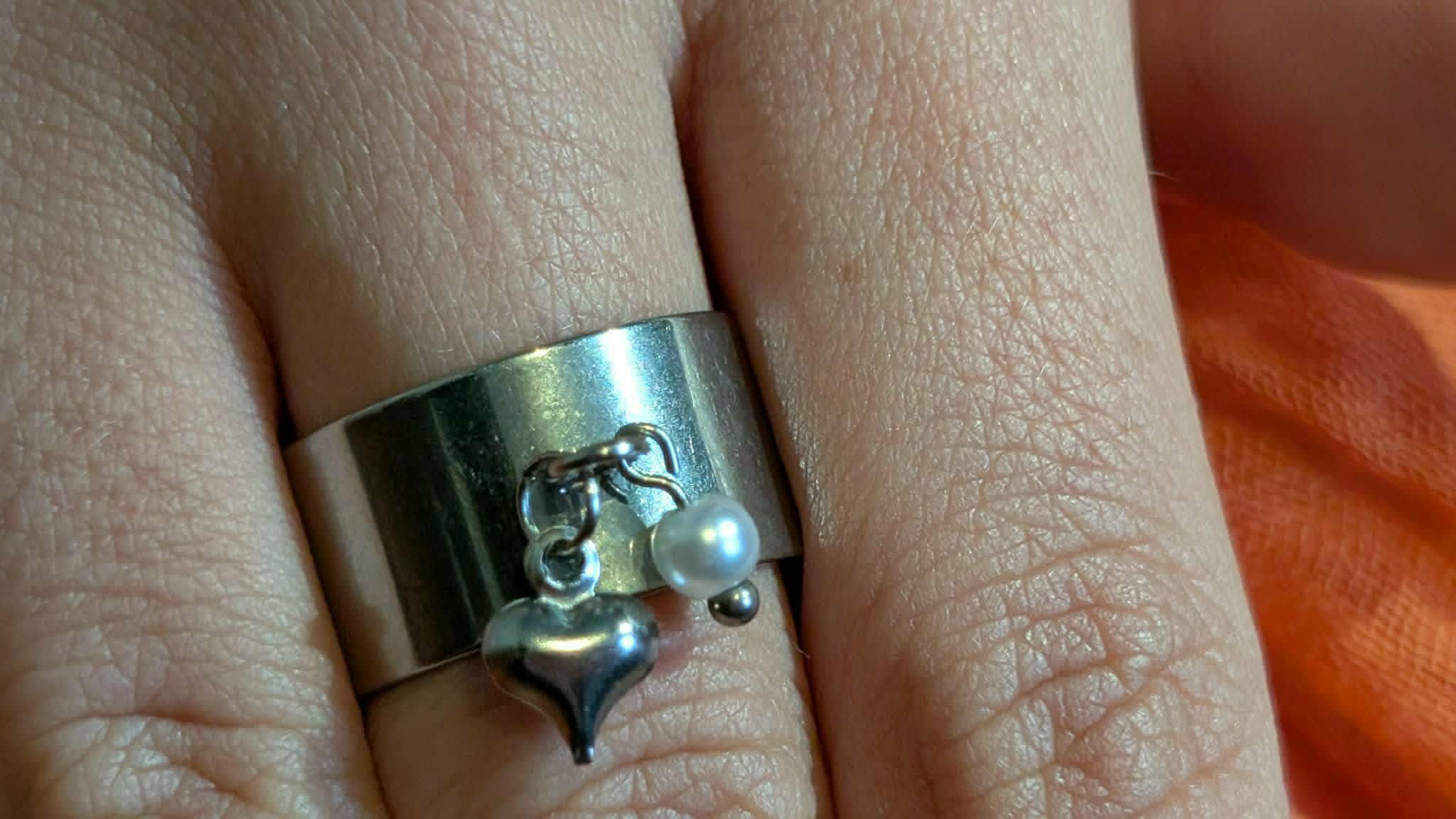 Bague Perle & Cœur Argenté – Réglable | Acier Inoxydable