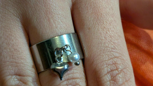 Bague Perle & Cœur Argenté – Réglable | Acier Inoxydable