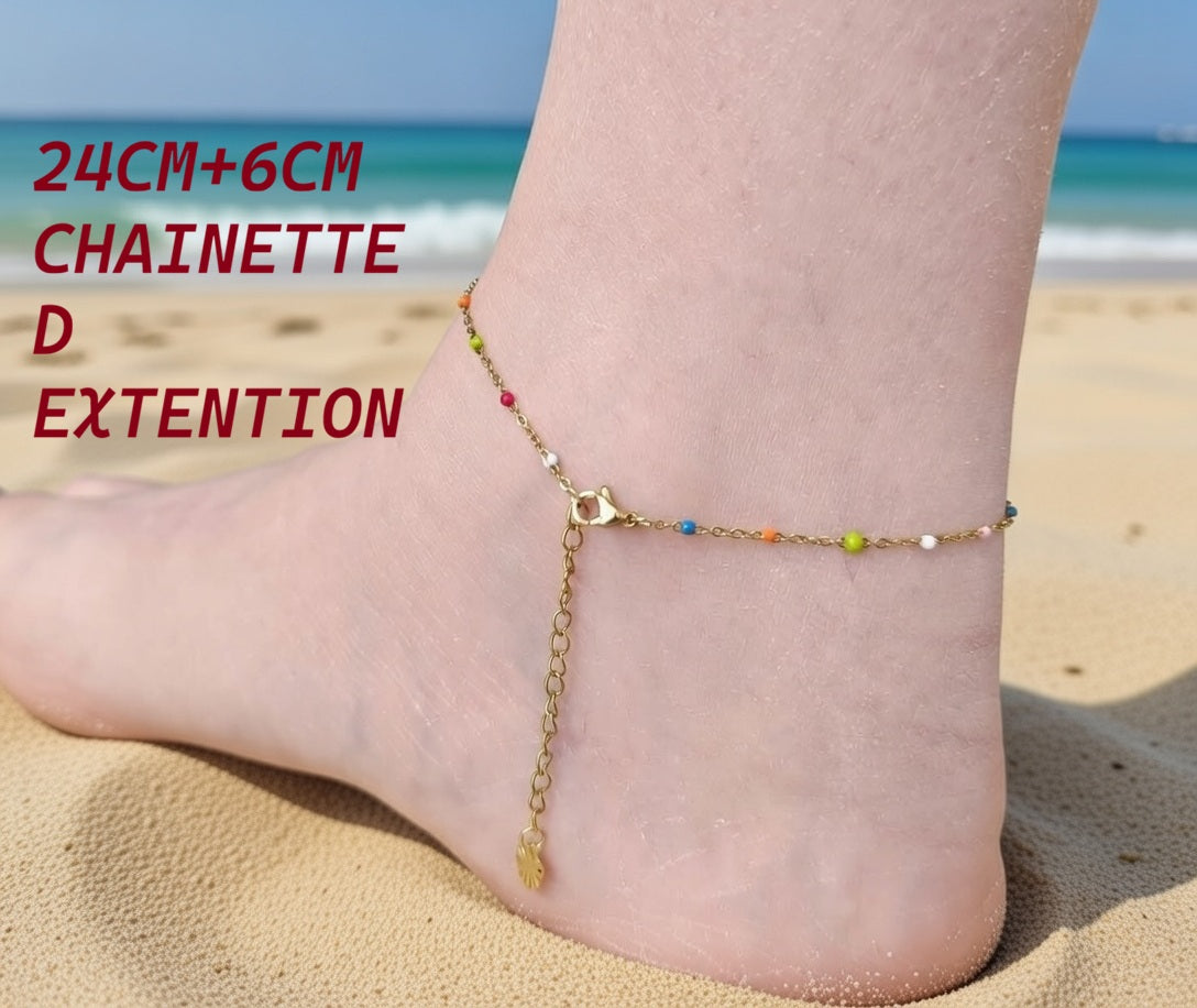 Bracelet de Cheville Doré à Perles Multicolores - Pièce Unique